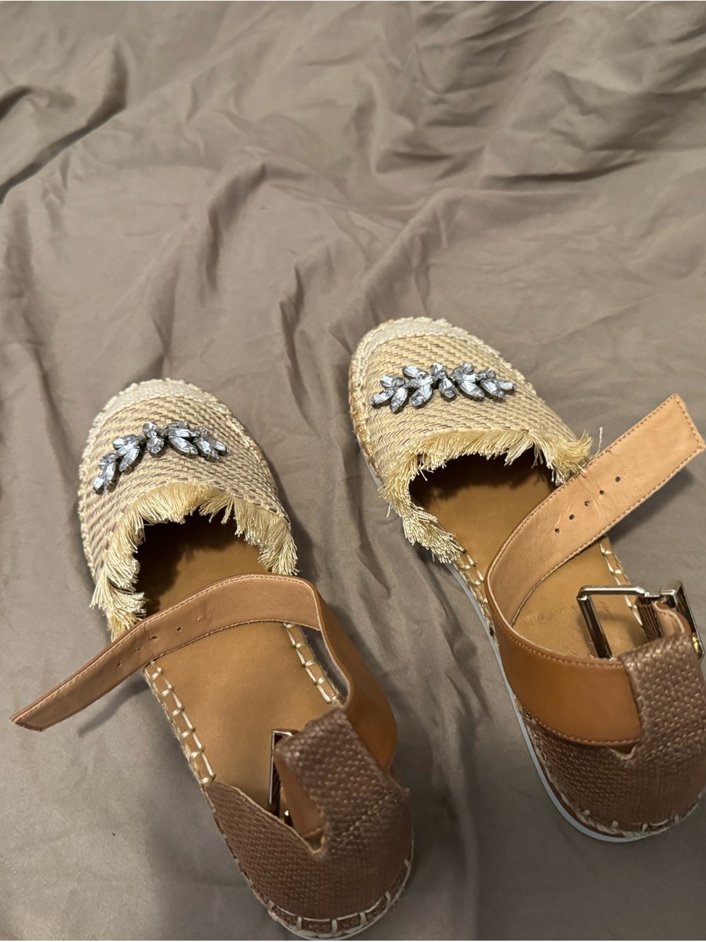 Crown Vintage Tan Beige Woven Espadrilles with Crystal Embellishment - Picture 6 of 10